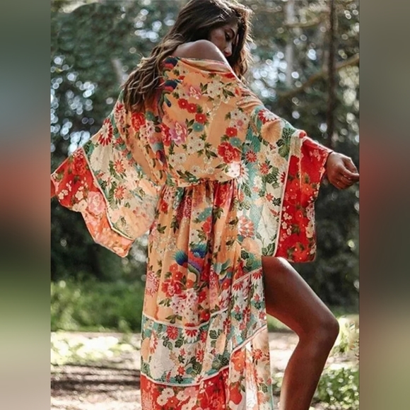 New Boho Gypsy Floral Sheer Chiffon Kimono Robe Duster Red Peach Teal - Picture 1 of 11